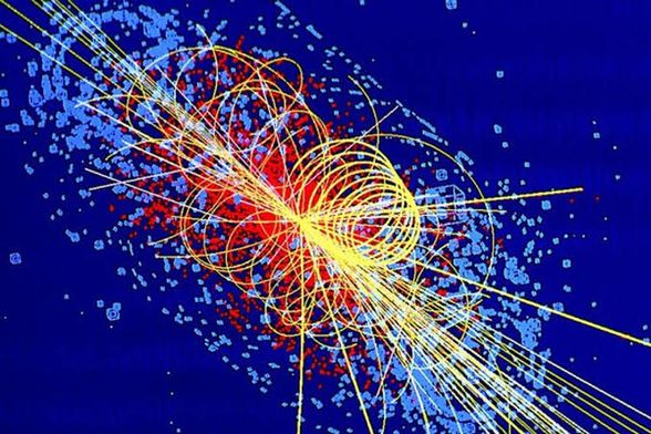 Higgs bozonuna ait bir işaret olduğu tahmin edilen ve proton-proton çarpışması sonucu ortaya çıkan verilerle hazırlanan temsili bir grafik. Bozon anında bozunuyor ve ortaya 2 elektron ile 2 hadron jeti (şekilde çizgiler halinde gösterilmiştir) çıkıyor diyor wiki. (Tabii ki bunu ben de anlamadım merak etme, sadece daha fazla entel gözükmek için koydum :))