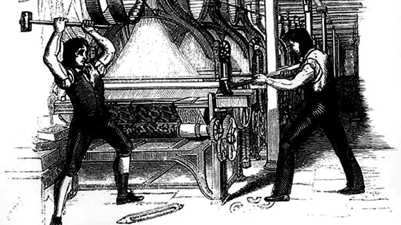 İngiltere'deki teknoloji karşıtı işçileri makineleri parçalarken gösteren bir çizim.