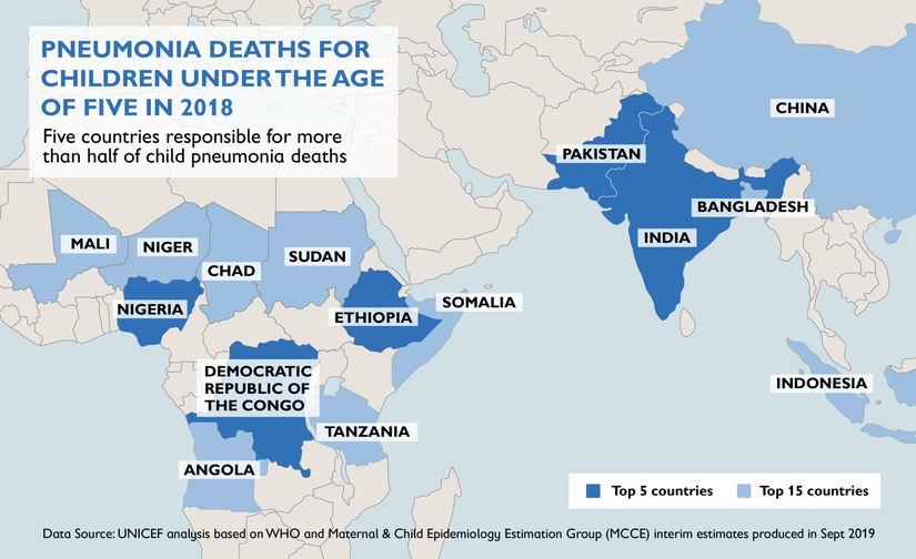 2018 yılında 5 yaş altı çocukların zatürre nedeniyle en çok öldüğü 5 ülke (koyu mavi) ve 15 ülke (koyu mavi ve açık mavi).