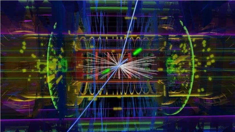 ”ATLAS detektöründe bir aday Higgs olayı. Açık imzalar ve enine izlerle bile, başka parçacıklardan oluşan bir yağmurun nasıl olduğuna dikkat edin; bunun nedeni protonların bileşik parçacıklar olmasıdır. Bu sadece Higgs'in bu parçacıkları oluşturan temel bileşenlere kütle vermesi nedeniyle geçerlidir. (ATLAS İşbirliği-CERN)Forbes”