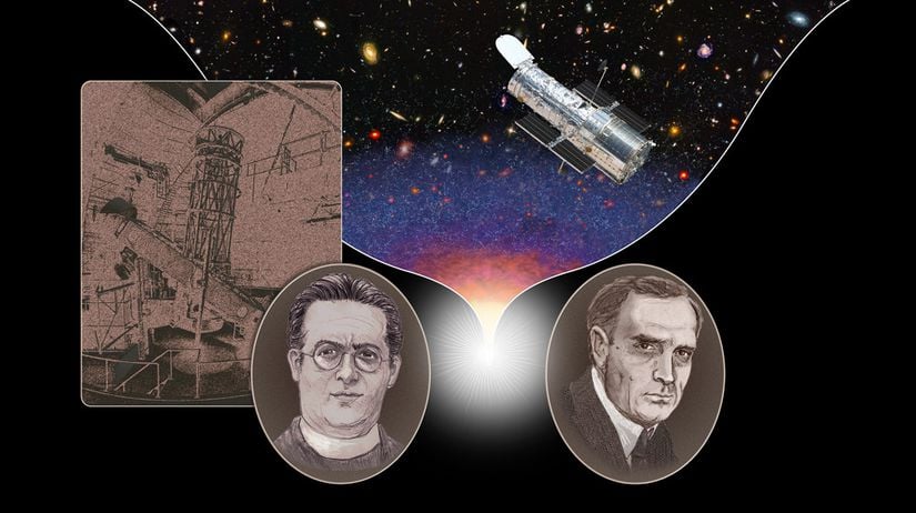 Evrenin genişlediğini kim keşfetti? Sağda, galaksilerin bizden uzaklaştığını keşfeden Edwin Hubble. Solda ise bu uzaklaşma hareketinin aslında evrenin genişlemesinden kaynaklandığını söyleyen George Lemaitre.