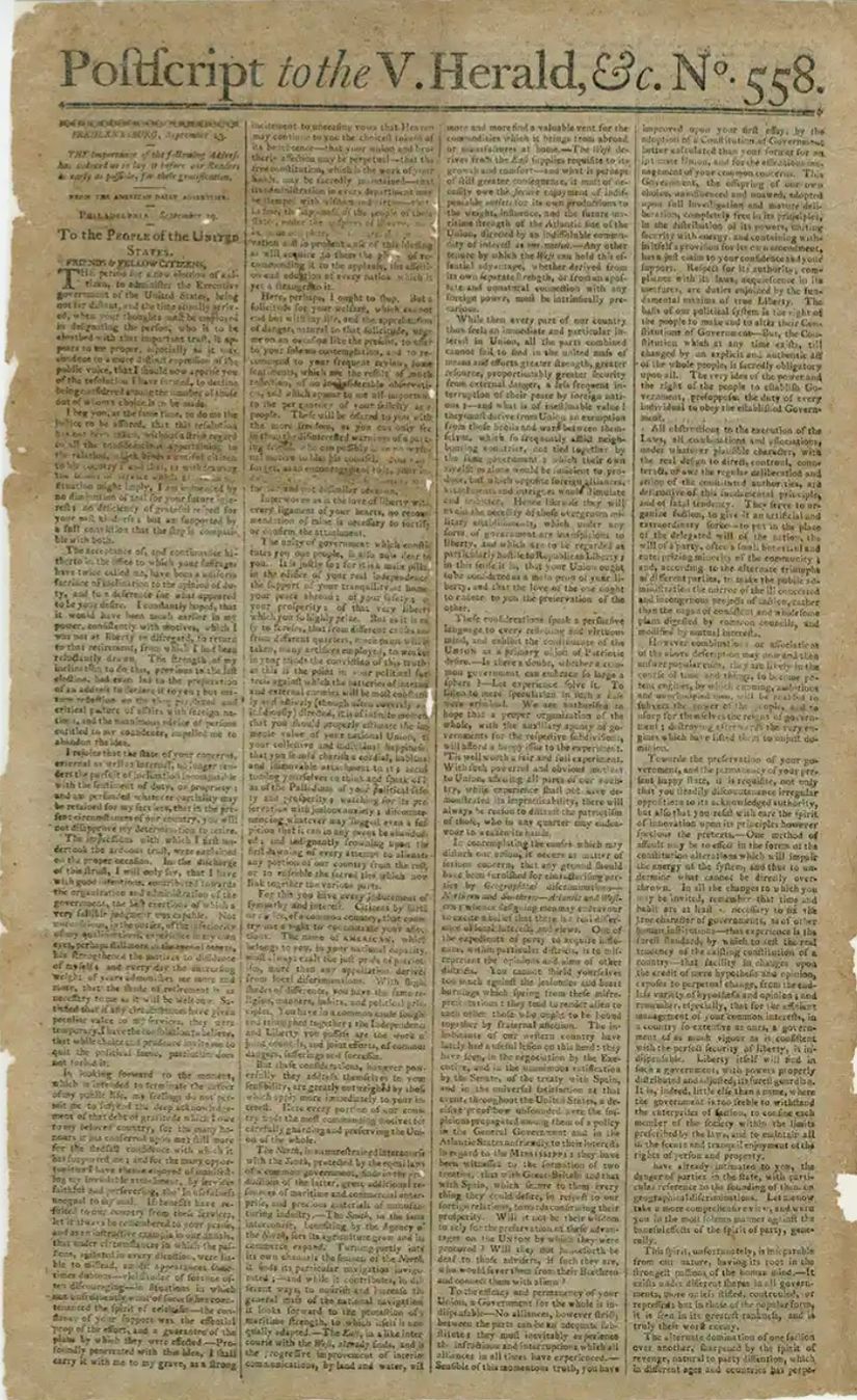 Vermont Herald'da yayınlanmış olan Washington'un Veda Konuşmasının basılı kopyası.