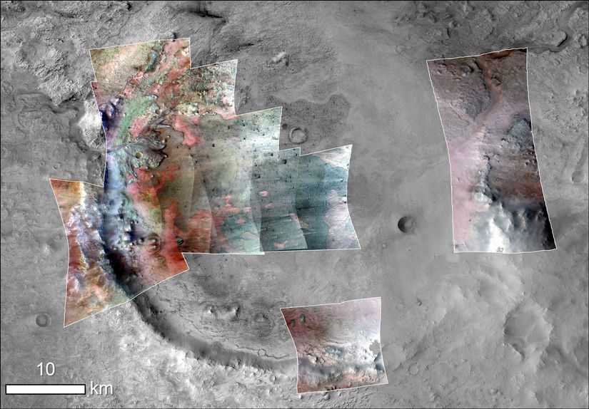 Jezero Krateri'ndeki mineralleri gösteren, sonradan renklendirilmiş bir fotoğraf. Yeşil renkler, karbonat minerallerini gösteriyor (bunlar, Dünya'daki yaşam izlerini ve fosilleri hapseden önemli zaman kapsülleri gibi davranırlar). Kırmızılar, karbonat içerikli kayalardan akan olivin kumlarını gösteriyor. Fotoğraf, NASA'nın Mars Reconnaissance Orbiter uydusu tarafından, Compact Reconnaissance Imaging Spectrometer for Mars (CRISM) ve Context Camera (CTX) cihazları kullanılarak çekildi.