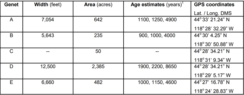 Bölgede tespit edilen Armillaria mantarlarının fit cinsinden genişlikleri (width), akre cinsinden alanları (area), yıl cinsinden tahmini yaşları (age estimates) ve GPS koordinatları.