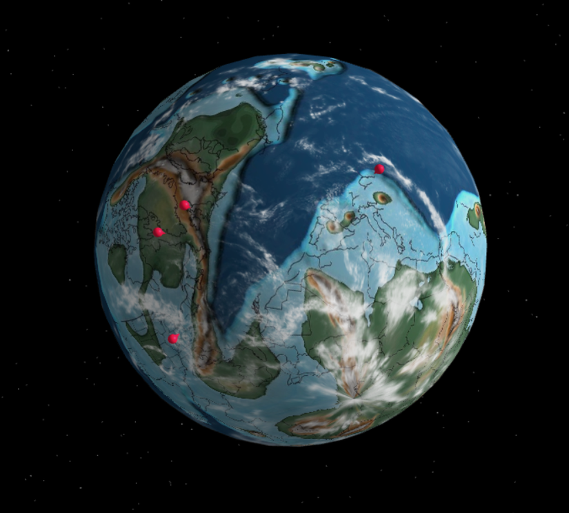 400 milyon yıl önce tahmini Dünya (C. R. Scotese'nin haritası). Sol taraftaki noktalar yukarıdan aşağıya: Grönland, Scotland, Ohio. Sağ taraftaki nokta: Polonya