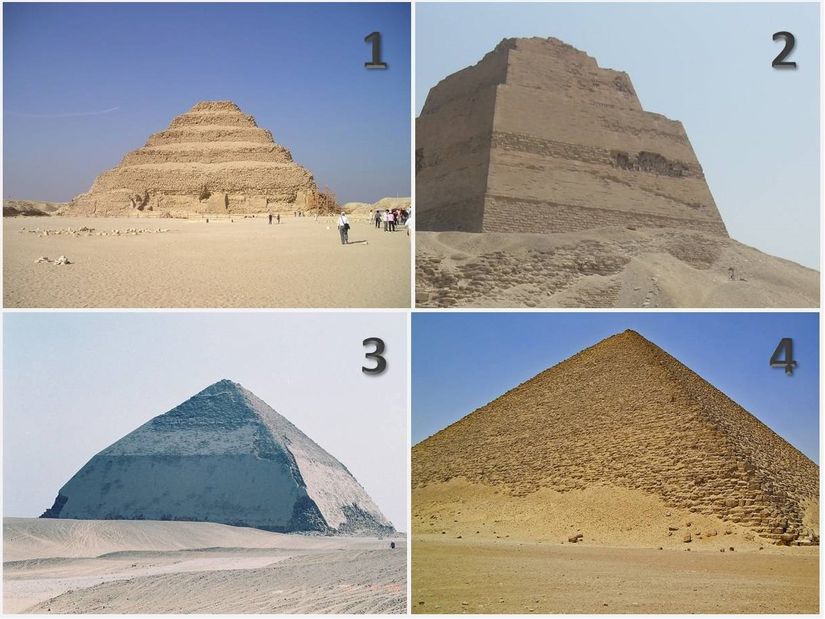Görsel 2: (1) Zoser’in Piramidi, 62 metre yüksekliğinde. (2) Meidum Piramidi, ilk haliyle 91 metre yüksekliğinde. (3) Bükülmüş Piramit, 104 metre yüksekliğinde. (4) Kızıl Piramit, 105 metre yüksekliğinde