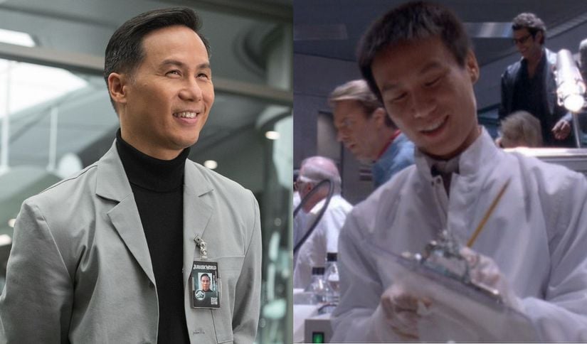 Jurassic Park (1993) filminden Dr. Henry Wu (sağda) ile Jurassic World serisinden Dr. Henry Wu (solda).