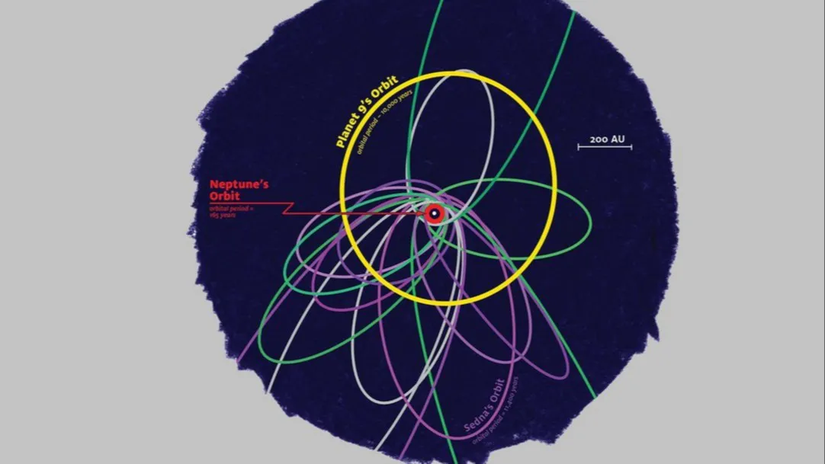 Dokuzuncu Gezegen'in olası yörüngesi (sarı renkli yörünge).
