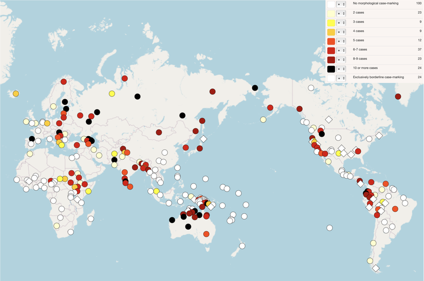 Hal gösterimi sayılarının dünya dillerindeki dağılımı. Aslı için bkz. &quot;WALS Online&quot;
