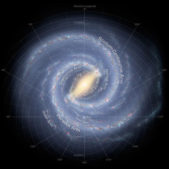 Galaksinin iki büyük (Scutum-Centaurus ve Perseus) ve iki küçük (Norma ve Sagittarius) kolları.