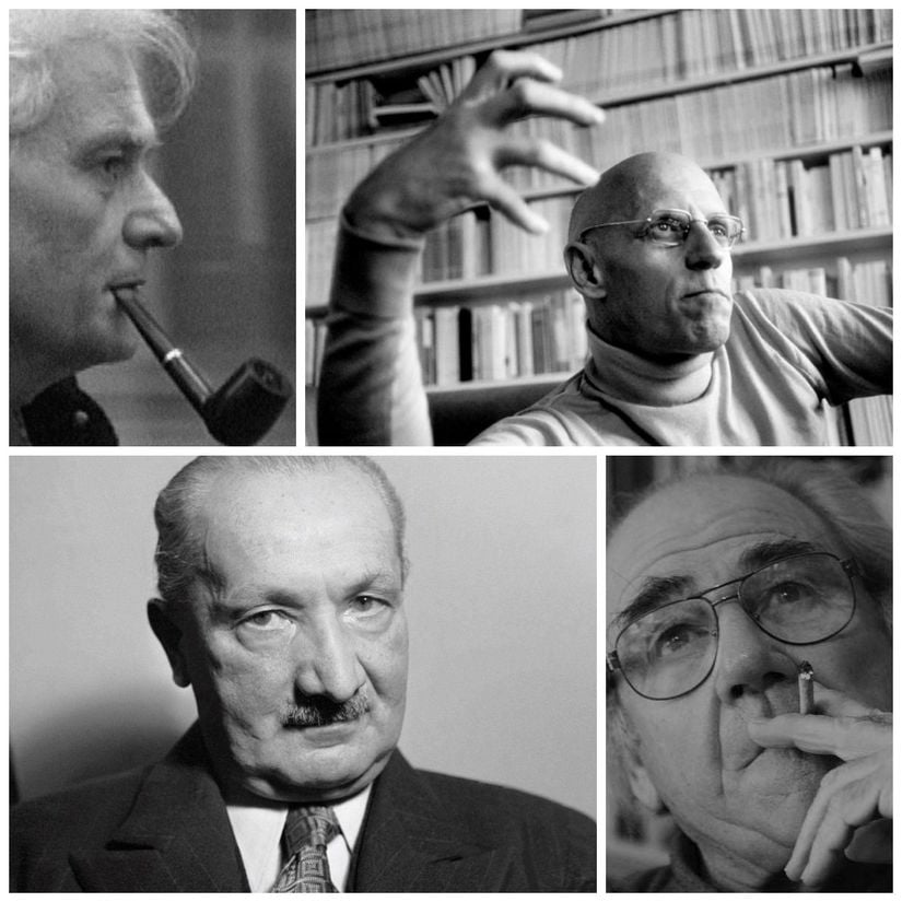 Sol üstten saat yönüne doğru Jacques Derrida, Michel Foucault, Jean Baudrillard ve Martin Heidegger.