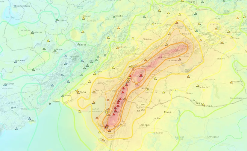 6 Şubat 2023 Depremi sırasında, hangi bölgenin depremi ne şiddetle hissettiğini gösteren bir harita.