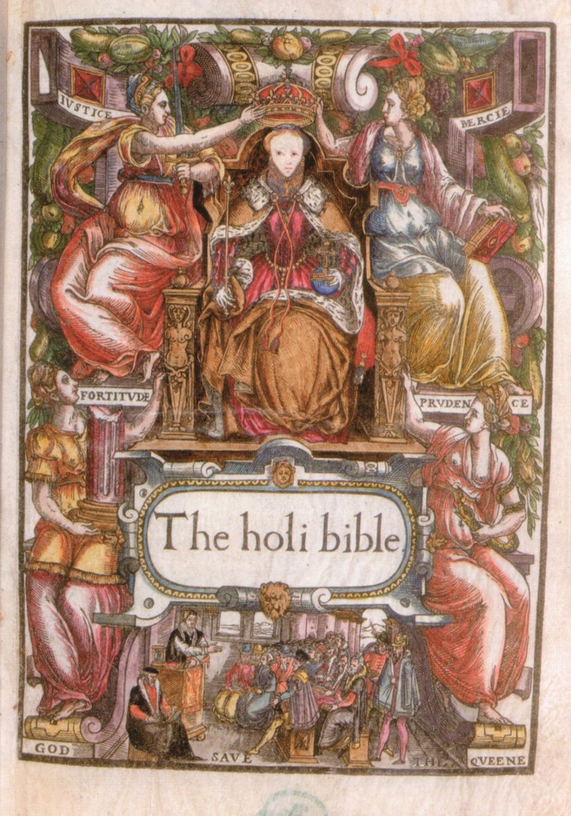 Bishops’ Bible, Bu incilden Kraliçe 1. Elizabeth’in olduğu bir sayfa. (1569) British Museum’da sergilenmektedir.