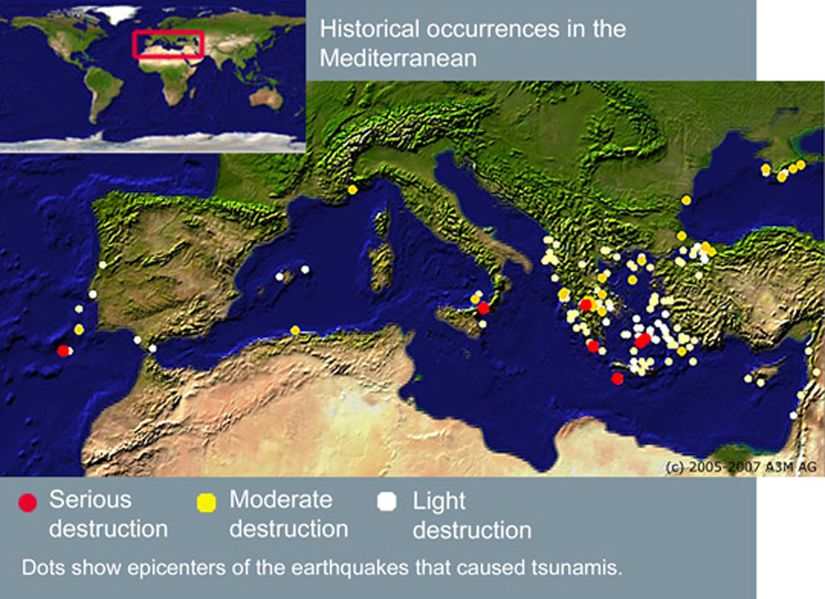 Tarihte Akdeniz ve Ege'de meydana gelen tsunamiler. Kırmızı noktalar büyük yıkımlara, sarı noktalar orta düzeyde yıkımlara, beyaz noktalar hafif yıkımlara karşılık gelmektedir.