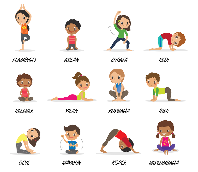 Çocuklar için farklı yoga pozları. İnterosepsiyon için faydalı bir aktivite olan yoga, aynı zamanda vestibüler ve proprioseptif girdi de sağlar.