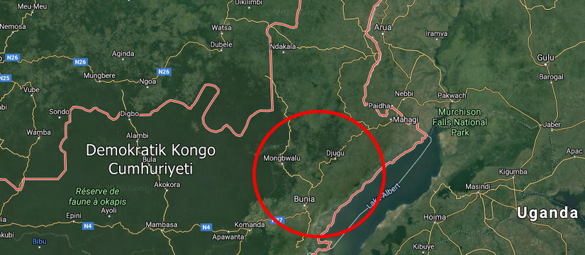 Demokratik Kongo Cumhuriyeti Djugu ve Bunia bölgesi (vakaların bildirildiği köyler bu çevrede).