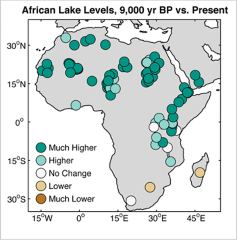 Günümüzden 9.000 yıl önce Afrika'daki göl seviyelerinin dağılım haritası