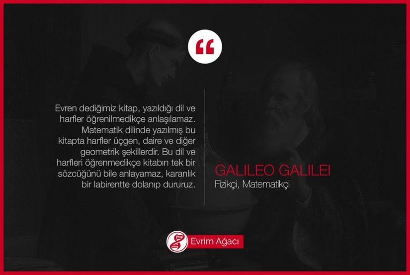 "Evren dediğimiz kitap, yazıldığı dil ve harfler öğrenilmedikçe anlaşılamaz. Matematik dilinde yazılmış bu kitapta harfler üçgen, daire ve diğer geometrik şekillerdir. Bu dil ve harfleri öğrenmedikçe kitabın tek bir sözcüğünü bile anlayamaz, karanlık bir labirentte dolanıp dururuz." - Galileo Galilei (15 Şubat 1564 - 8 Ocak 1642: İtalyan fizikçi, matematikçi, astronom ve filozof, Bilimsel Devrim'in babası)