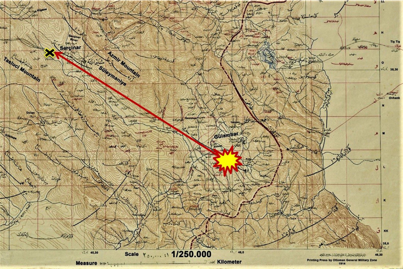 Olayların nasıl gerçekleştiğini gösteren harita: Gülambar'da atmosfere giriş yapan meteor, havada parçalanıp, kuş uçuşu 67 kilometre uzaktaki Serçinar bölgesine düşerek insanlara ve tarlalara zarar vermiştir.