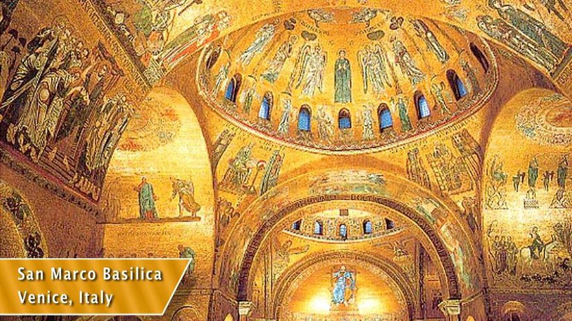 Venedik'teki San Marco Bazilikası. S. J. Gould ve R. Lewontin bir mimari terim olan "spandrel"i (kemerin köşesinde doğal olarak oluşan üçgen) evrimin yan ürünü olan şeyi nitelemek için kullanmışlardır.