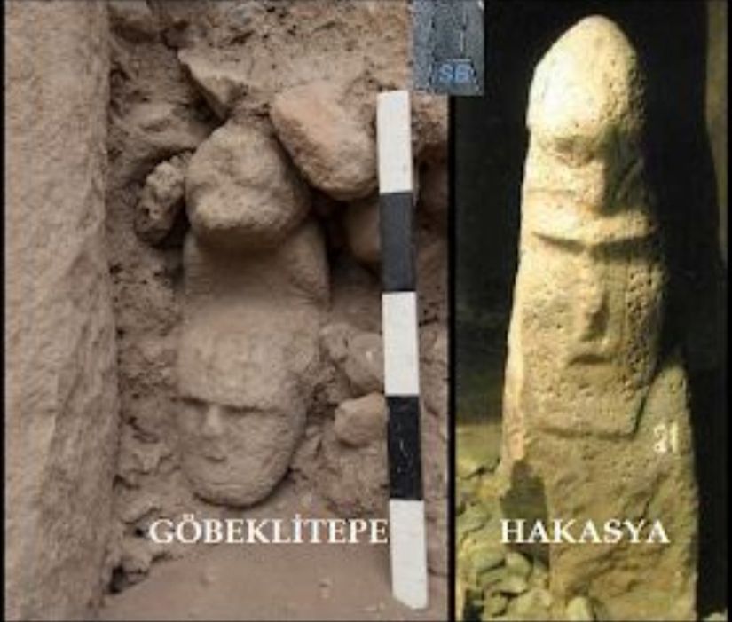 Göbekitepe'de bulunduktan hemen sonra kaybolan çift başlı heykel ve Hakasya'da bulunan benzer heykel.