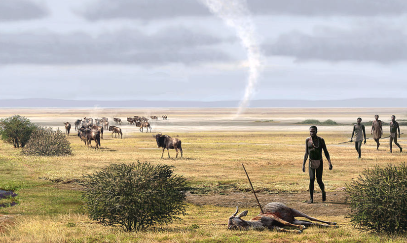 Tanzanya'da ilkin modern insanların (Homo sapiens) kurumuş Eyasi Gölü'ndeki buffalo (Syncerus caffer) avı.