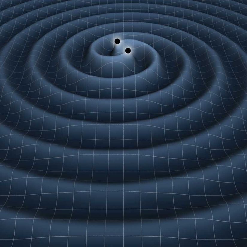 Birbiri etafında dönen iki karadelikten etrafa yayılan kütleçekim dalgaları...