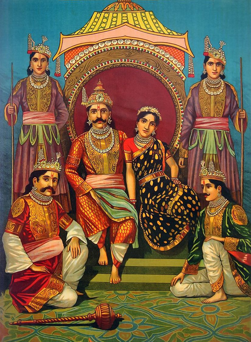 Hint Mahabharata destanından Prenses Draupadi ve 5 kocası, Pandavas kardeşler.