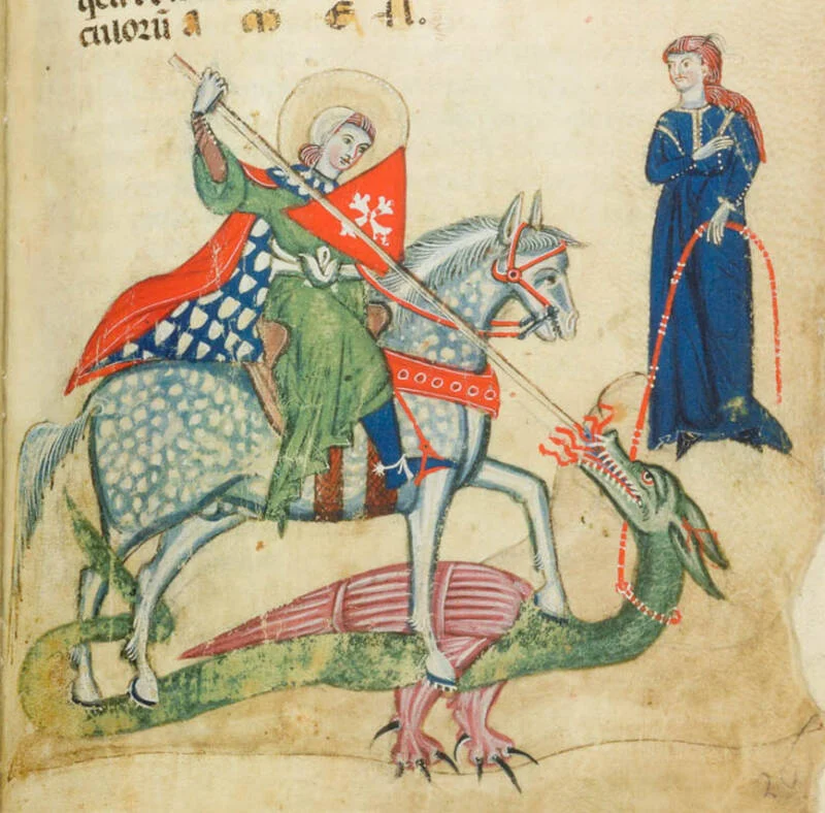 13. yüzyıldan kalma bu illüstrasyonda Aziz George, kendisi için insan kurban edilmesini buyuran bir ejderhayı öldürürken resmedilmiştir.