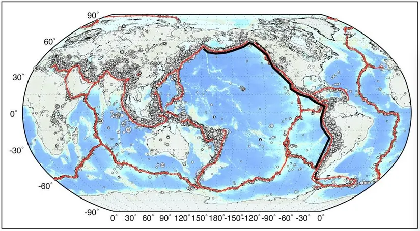 10 büyüklüğünde bir deprem yaratmak için gereken fay hattı uzunluğu siyahla gösterilmiştir.