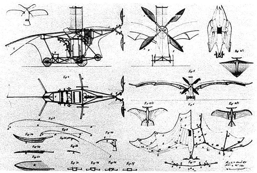 Clement Ader'in eole adlı uçağının çizimleri