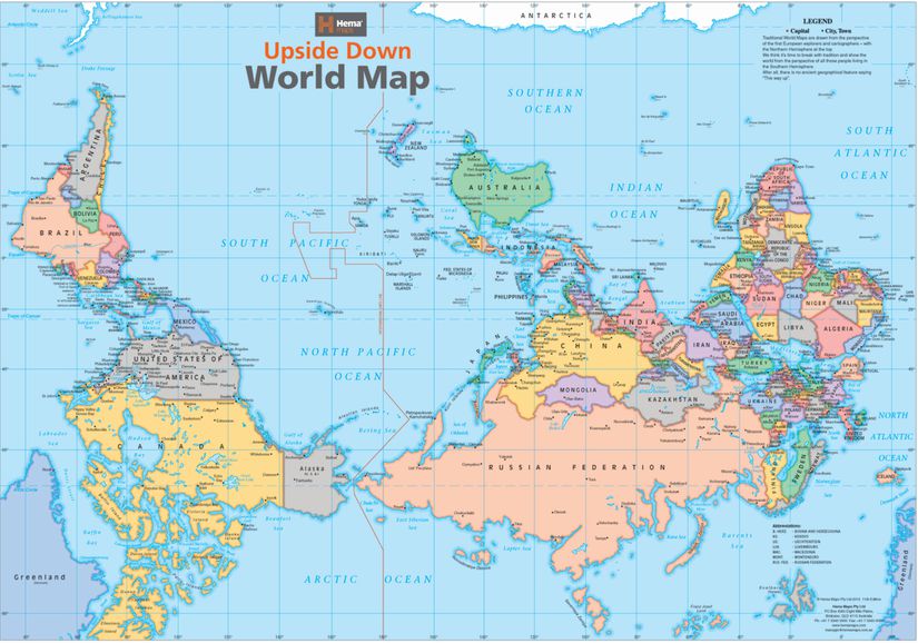 Avustralya-merkezli, Güney kutbunu haritanın üzerine koyan, dolayısıyla Kuzey yarımkürede yaşayanlar için &quot;ters&quot; gelen, halbuki en az aşina olduğumuz haritalar kadar &quot;doğru&quot; olan bir harita