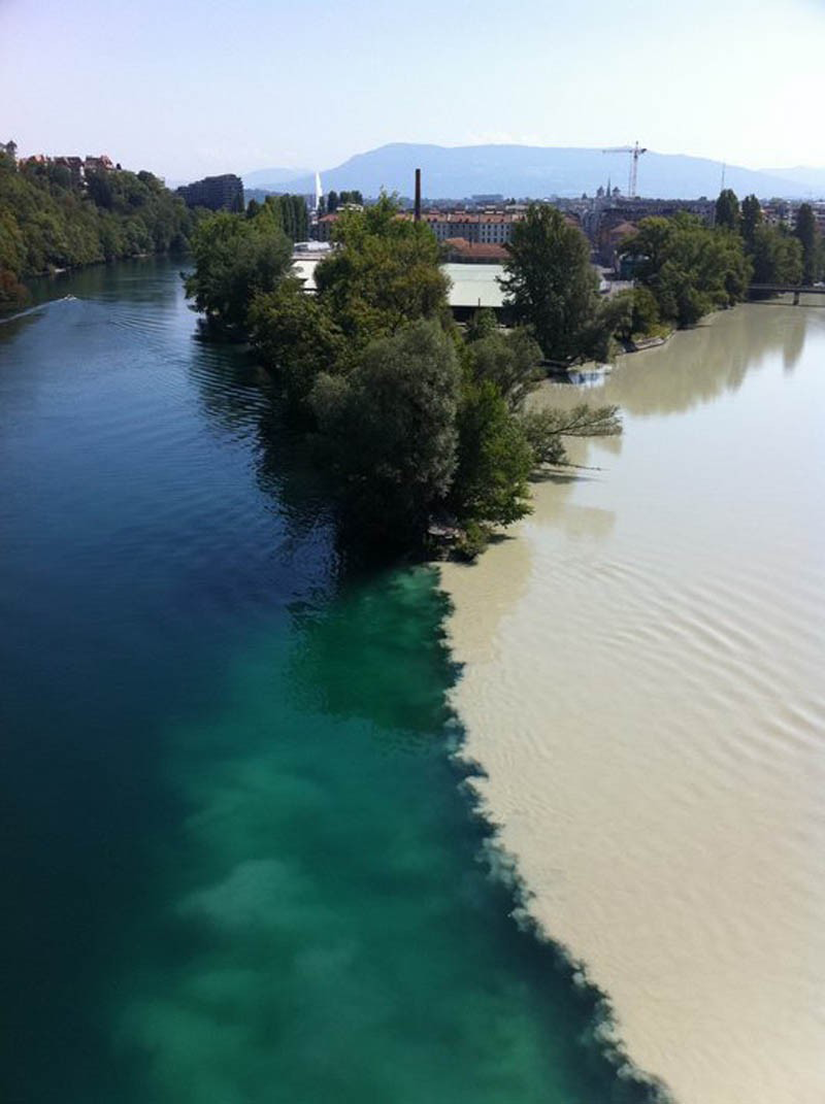 Rhone ve Arve nehirleri arasındaki kavşak (Cenevre, İsviçre)