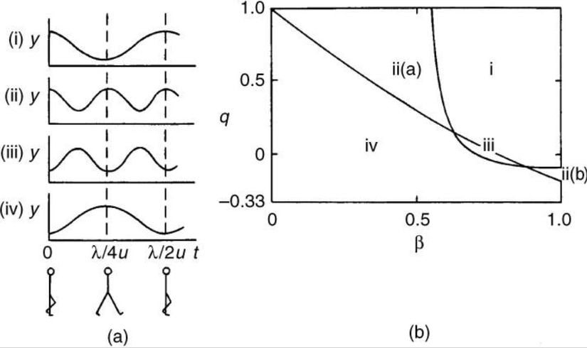 (a) y ekseni kütle merkezinin yüksekliğini, x ekseni zamanı göstermektedir.  (b) q şekil faktörü - B görev faktörü grafiği. Grafik dört hareket türünü de göstermek amacıyla bölgelere ayrılmıştır.