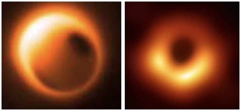 Şekil 2. Gökadamızın merkezindeki Sgr A* karadeliğinin olası bir görüntüsü (solda) ve M87 (Messier 87) gökadasının merkezindeki süper kütleli kara deliğin olay ufkunu saran sıcak gazın radyo dalga boyunda yaptığı ışımanın dönüştürülmüş görüntüsü (sağda).