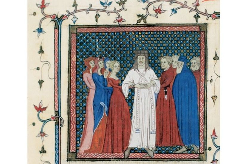 Orta Çağ İngiltere'sinde bir halk düğünü. Eskinin soylu beyaz rengi bir gelinlik rengi olmakla yetiniyor. Renk tercihlerindeki tekdüzelik kadar kadın ve erkek kıyafetlerindeki sadelik ve kapalılığa da dikkat edin.