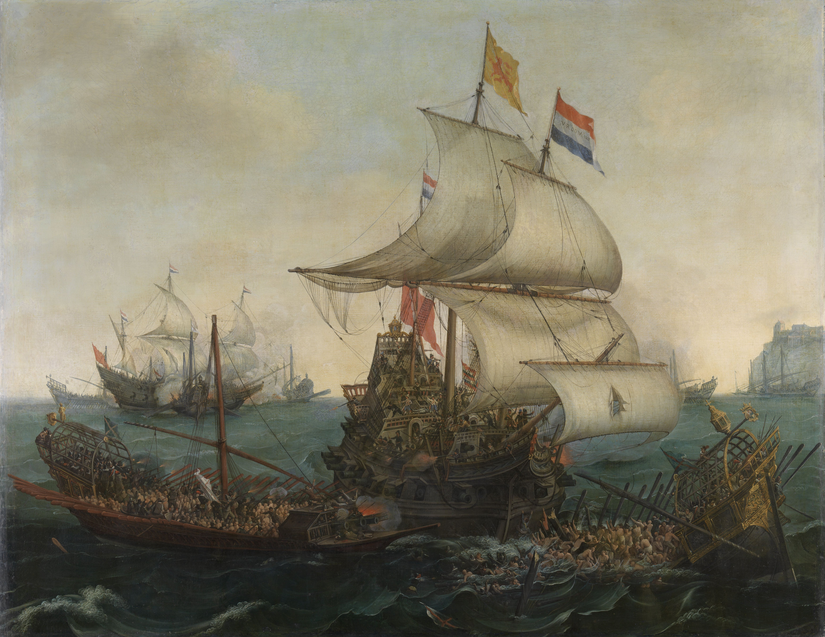 Hollanda gemileri İspanyol kadırgalara saldırıyor.