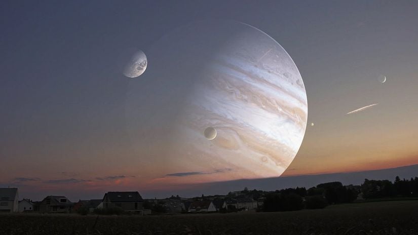 Loïc Hommel tarafından tasarlanan bu görselde, eğer ki gezegenimiz Jüpiter'in bir uydusu olsaydı gökyüzümüzün kabaca nasıl gözükeceğini görüyoruz.