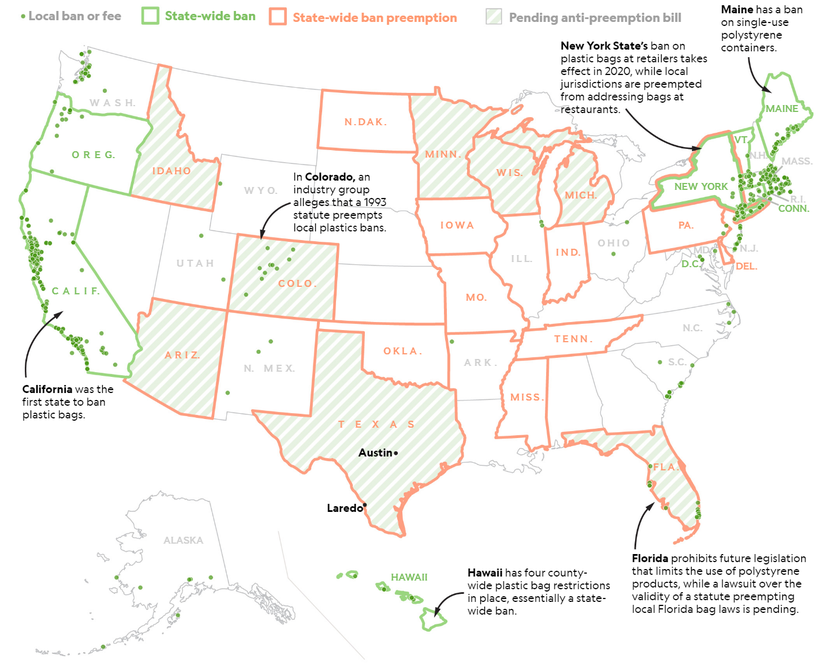 ABD haritasında yeşille gösterilen eyaletlerde plastikler yasaklanırken, turuncuyla gösterilen eyaletlerde plastiklerin yasaklanmasını yasaklayan yasalar bulunmaktadır.
