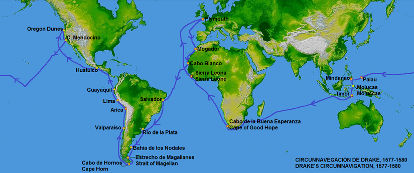 Francis Drake'in 1577 ve 1580 yılları arasında gerçekleştirdiği deniz yolculuğunun harita üzerindeki görünümü.