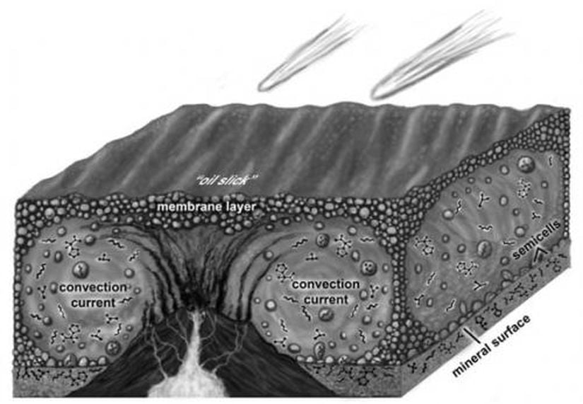 Hidrotermal bacaların etrafındaki konveksiyon akıntıları ve bu akıntılar sayesinde oluşmaya başlayan karmaşık yapılı moleküller...