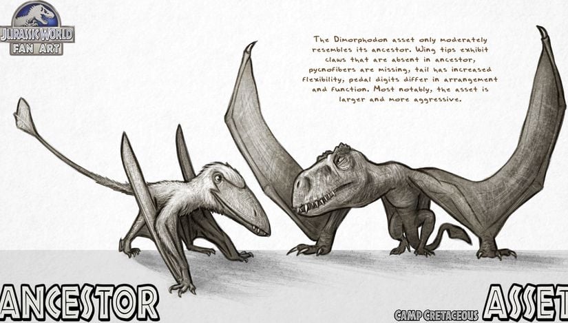 Gerçekçi bir Dimorphodon çizimi (sol) ile Jurassic World'deki Dimorphodon tasarımı (sağ)