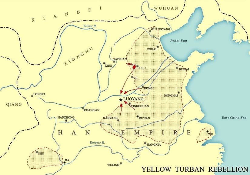 Çin Doğu Han Hanedanlığı'na karşı başlayan isyanların konumları.