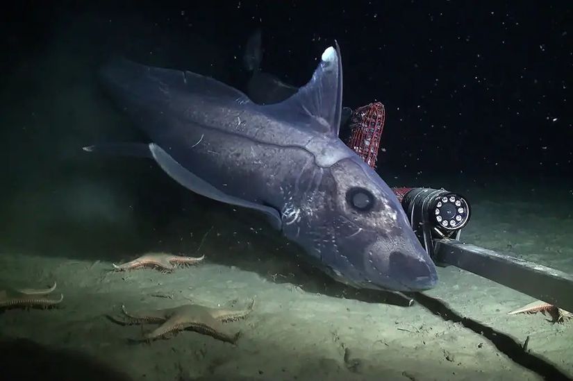 Deniz tabanında duran siyah bir hayalet köpek balığı