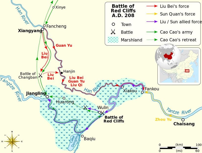 Cao Cao ve Liu Bei & Sun Quan arasında geçen Kızıl Kayalar Muharebesi'nin taktiksel haritası.