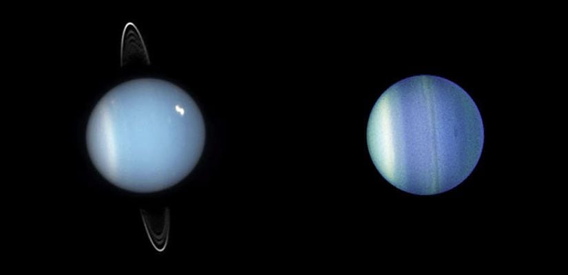 2005 yılında Hubble tarafından fotoğraflandı. Uranüs (sol) halkalarını gösteriyor. 2006'da Hubble, gezegenin karışık katmanlı yapısını ve tuhaf karanlık fırtınasını yakaladı.