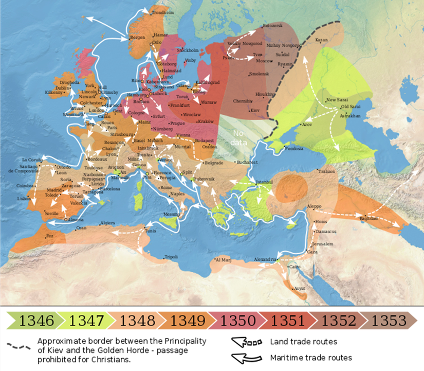 1346-1353 yılları arasında kara vebanın Avrupa'da yayılımı. Salgın Çin ve Moğolistan'da başlayıp Avrupa'ya sıçramıştır.