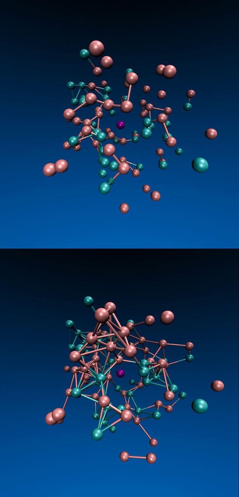Jeremy England ve çalışma arkadaşları tarafından oluşturulan bir bilgisayar simülasyonu, viskoz bir ortamda yerleştirilen bir partiküler sistemi gösteriyor, ve turkuaz partiküller salınımlı bir güç tarafından yönlendiriliyor. Zamanla (yukardan aşağıya) bu güç, partiküller arasında daha fazla bağın oluşumunu tetikliyor.
