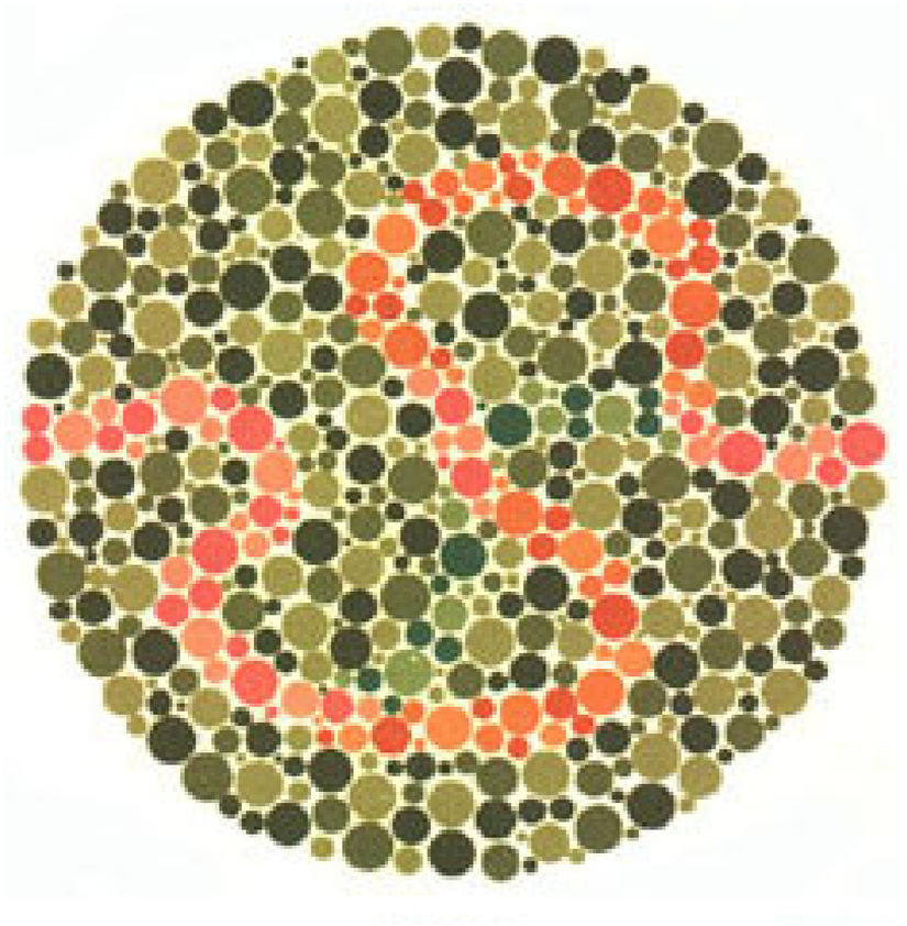 Plaka 37: Normal görüşlüler mor ve turuncu bir çizgi görürler, kırmızı-yeşil renk görüşü yetersizliği olanlar sadece mavi-yeşil ve mor çizgi görürler.