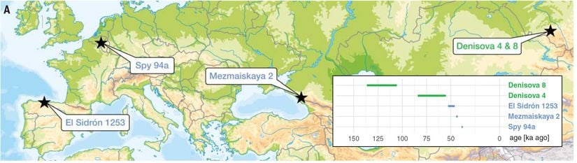 Yeni çalışmada araştırılan arkaik bireylerin bulunduğu yerleri ve yaşadıkları tahmini tarihleri gösteren harita (ka önce = binlerce yıl önce)
